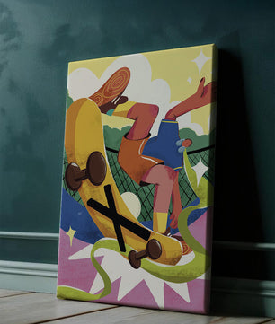 Ilustración abstracta colorida con un skater en movimiento dinámico