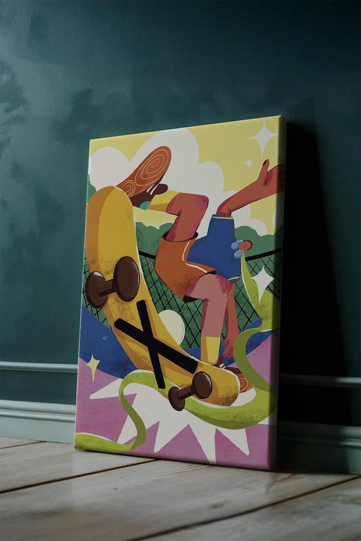Ilustración abstracta colorida con un skater en movimiento dinámico