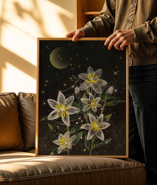 Luminous Night Flowers Under a Starry Sky with Golden Moon - Mi tienda