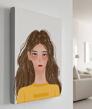 Illustrated portrait of a woman with long brown hair and expressive eyes