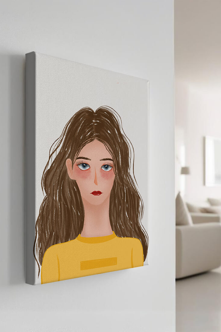 Illustrated portrait of a woman with long brown hair and expressive eyes