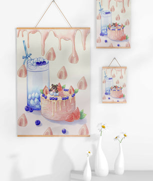 Escena de postre caprichosa con pastel y bebida con acentos juguetones