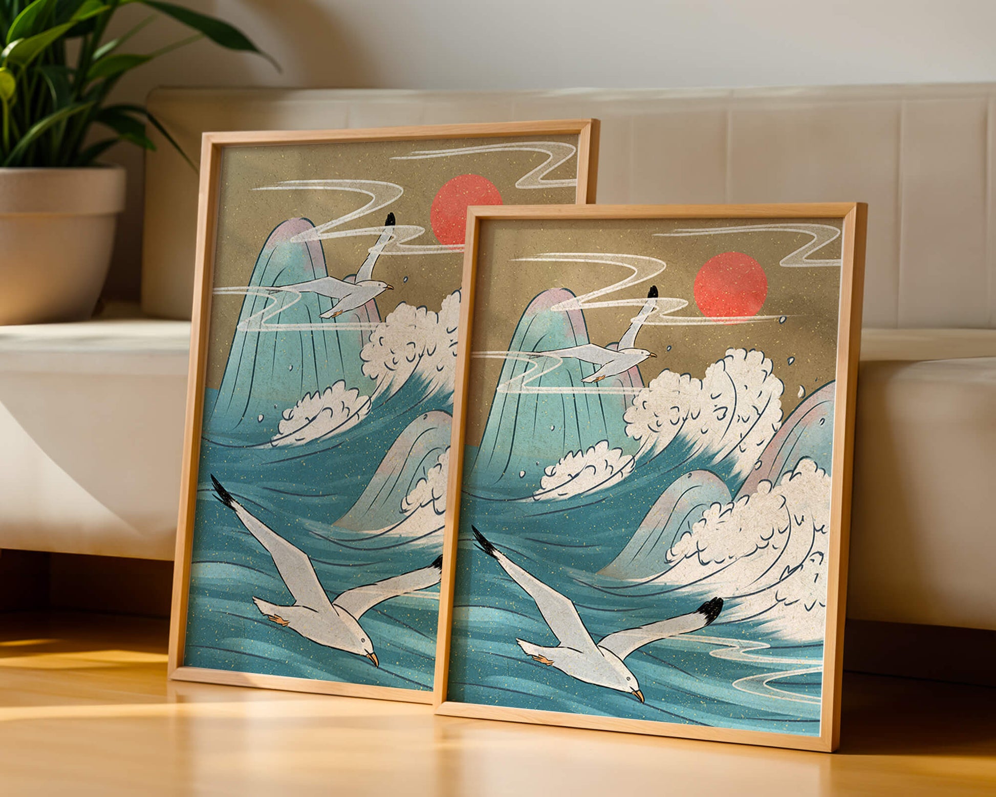 Mouettes planant au-dessus des vagues de l'océan avec un soleil rouge