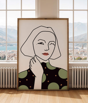 Modern Minimalist Portrait of a Winking Woman in Green Polka Dot Dress - Mi tienda