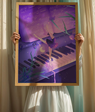 Graceful Ballerina Dancing on Piano Amidst Flowers and Musical Notes