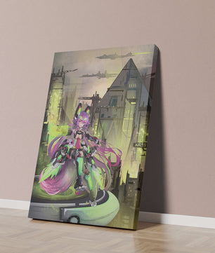 Cyberpunk-Anime-Figur im futuristischen Stadtbild 