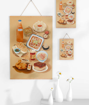 Fiesta china tradicional con diversos platos y refrescos