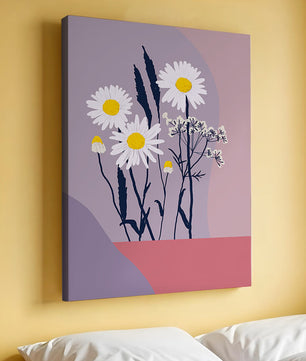 Zarte weiße Gänseblümchen mit gelben Zentren auf modernem Pastell-Hintergrund