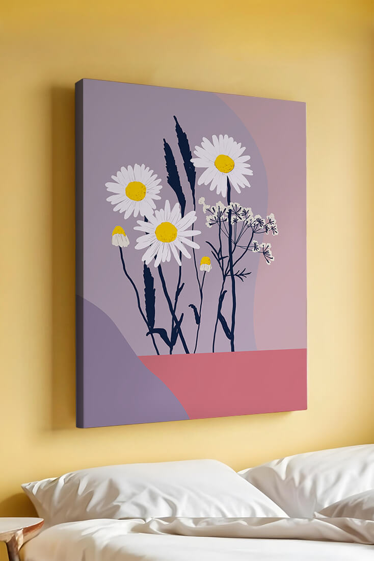 Zarte weiße Gänseblümchen mit gelben Zentren auf modernem Pastell-Hintergrund