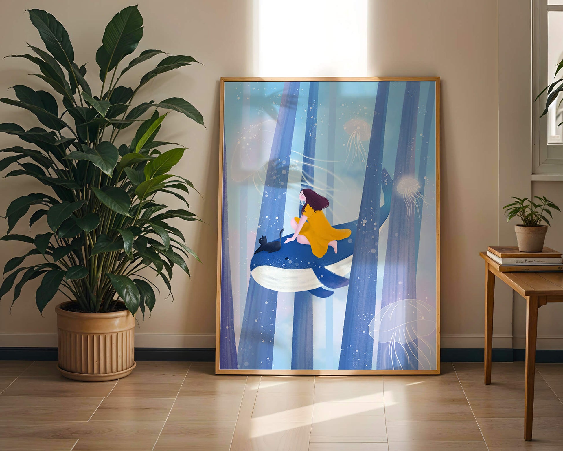 Dreamlike scene with girl, cat, and whale in an ethereal ocean