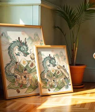 Dragon and Steamed Dumplings with Children in a Mountainous Landscape