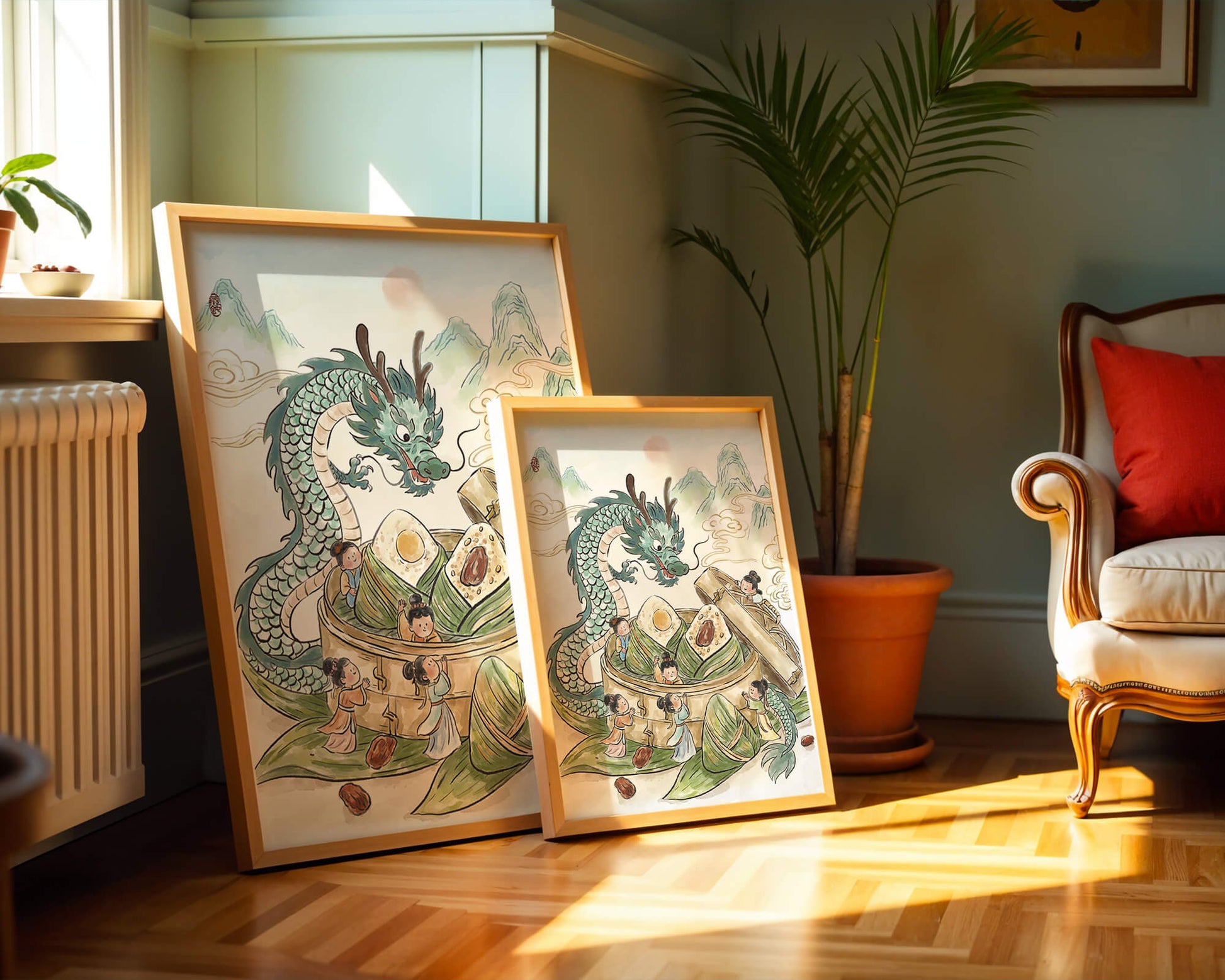 Dragón y dumplings al vapor con niños en un paisaje montañoso