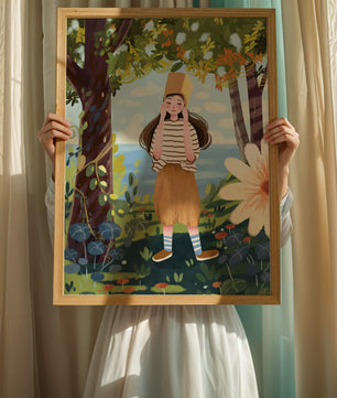 Whimsical Illustration of a Girl in Nature with Golden Hat