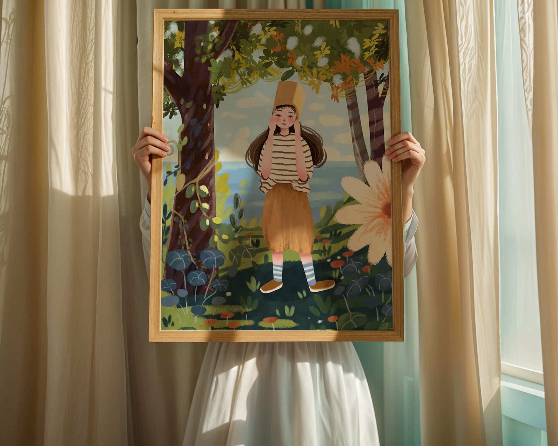 Whimsical Illustration of a Girl in Nature with Golden Hat