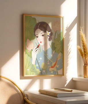 Elegant Woman in Traditional Dress with Lotus and Koi Fish - Mi tienda