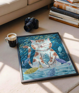 Gato caprichoso con peces coloridos y pinceladas juguetonas
