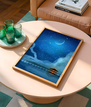 Serene Night Sky with Crescent Moon, Stars, and Pier Over Water