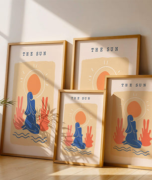 Modern abstract art poster featuring the sun and a serene figure in blue and coral tones - Mi tienda