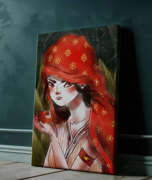 Illustration d'une fille en capuchon rouge tenant une pomme dans une forêt
