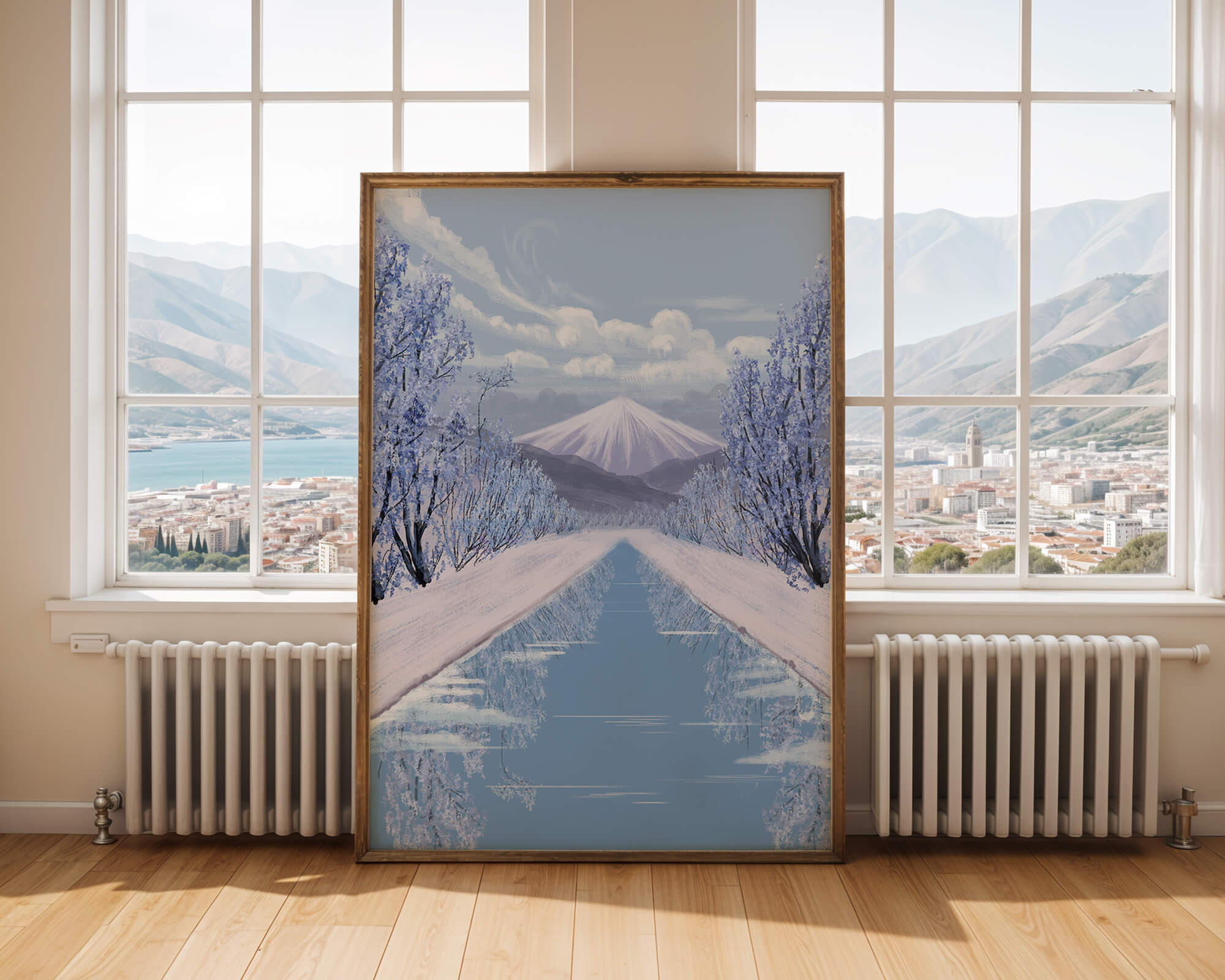 Serene winter landscape with mountain and snowy trees reflecting in water