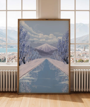 Serene winter landscape with mountain and snowy trees reflecting in water