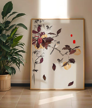 Elegant nature illustration featuring butterflies and birds on a branch