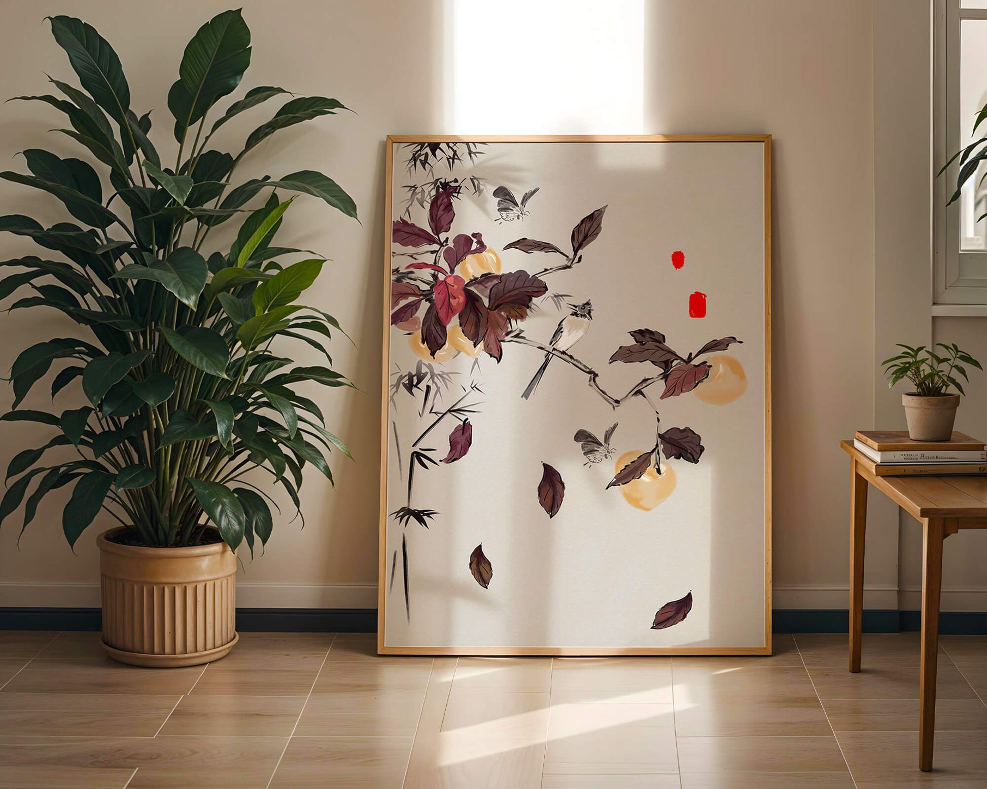 Elegant nature illustration featuring butterflies and birds on a branch