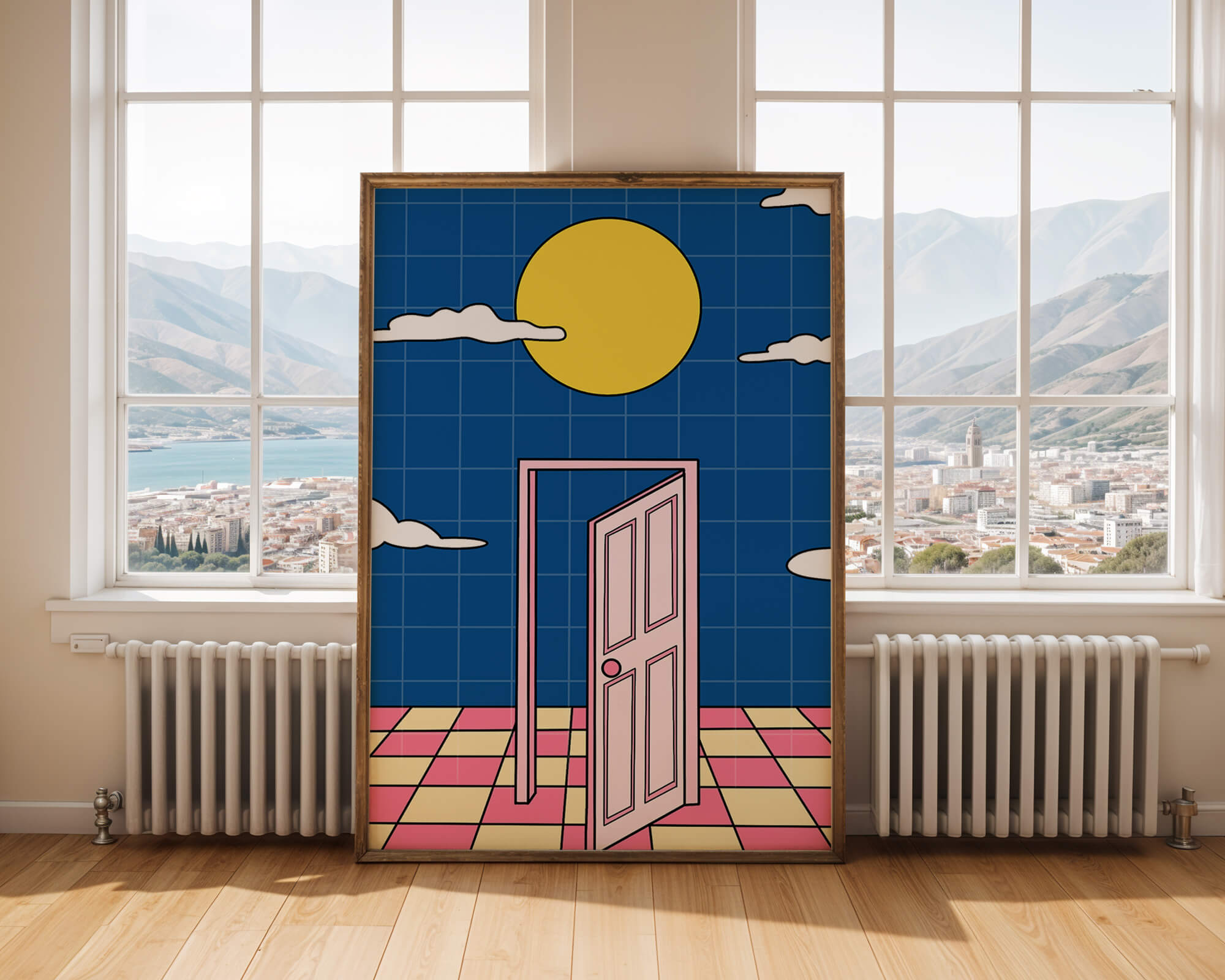 Surreal doorway with pink door under yellow sun and blue sky