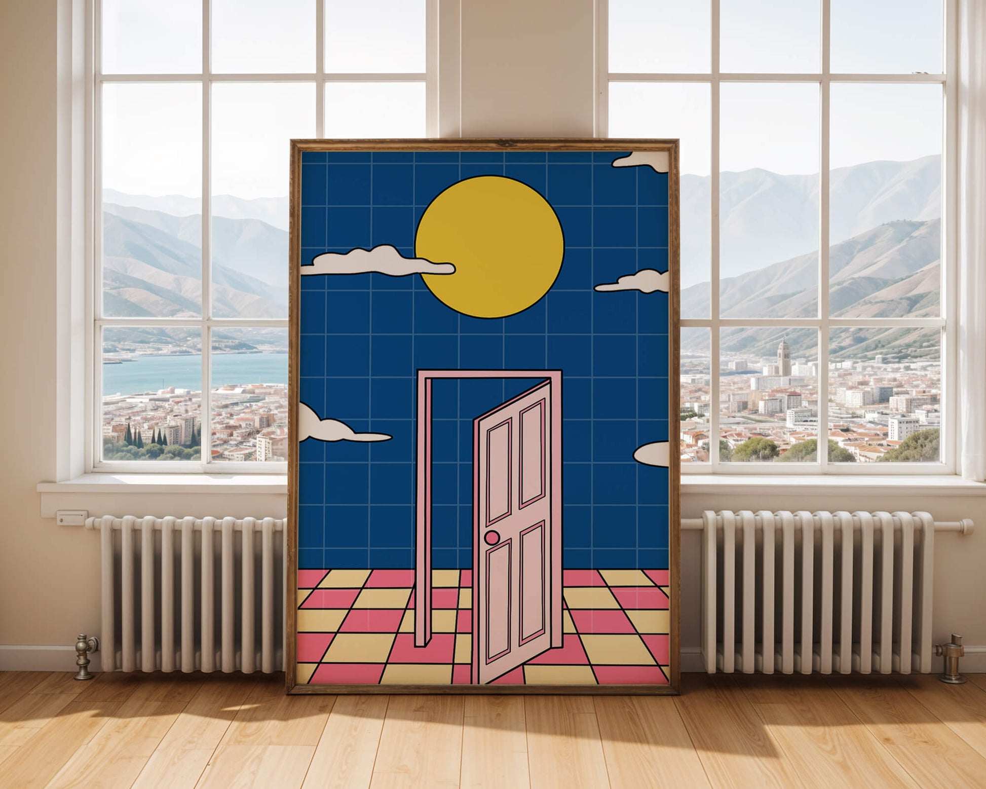 Surreal doorway with pink door under yellow sun and blue sky