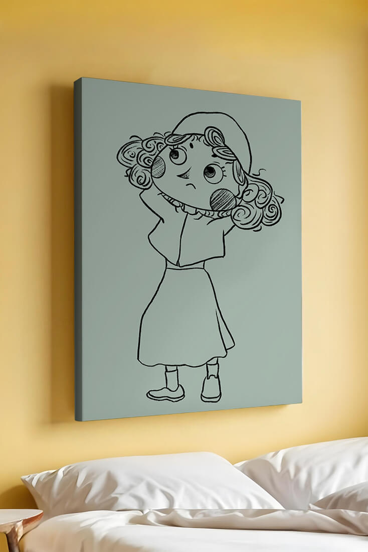 Ilustración a mano de un personaje de dibujos animados pensativo con cabello rizado y gorro