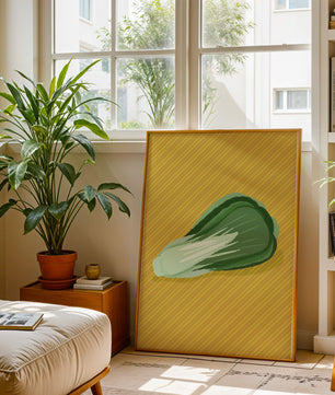 Illustrated bok choy on vibrant yellow background with stripes