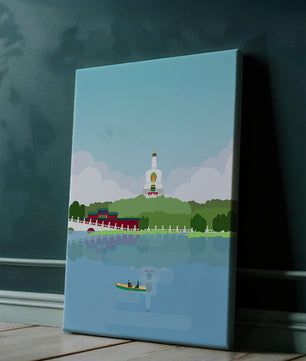 Escena de lago sereno con pagoda y bote de remos