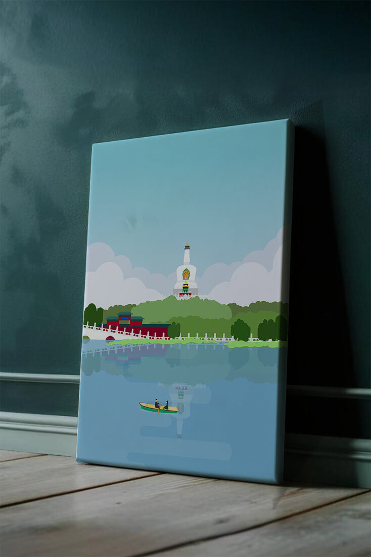 Serene lake scene with pagoda and rowing boat