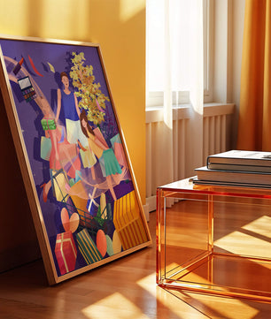Illustration d'une expérience de shopping joyeuse en famille avec des cadeaux et des couleurs vives