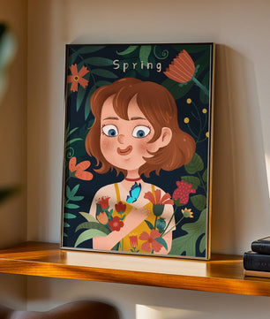 Ilustración primaveral encantadora con flores y mariposa