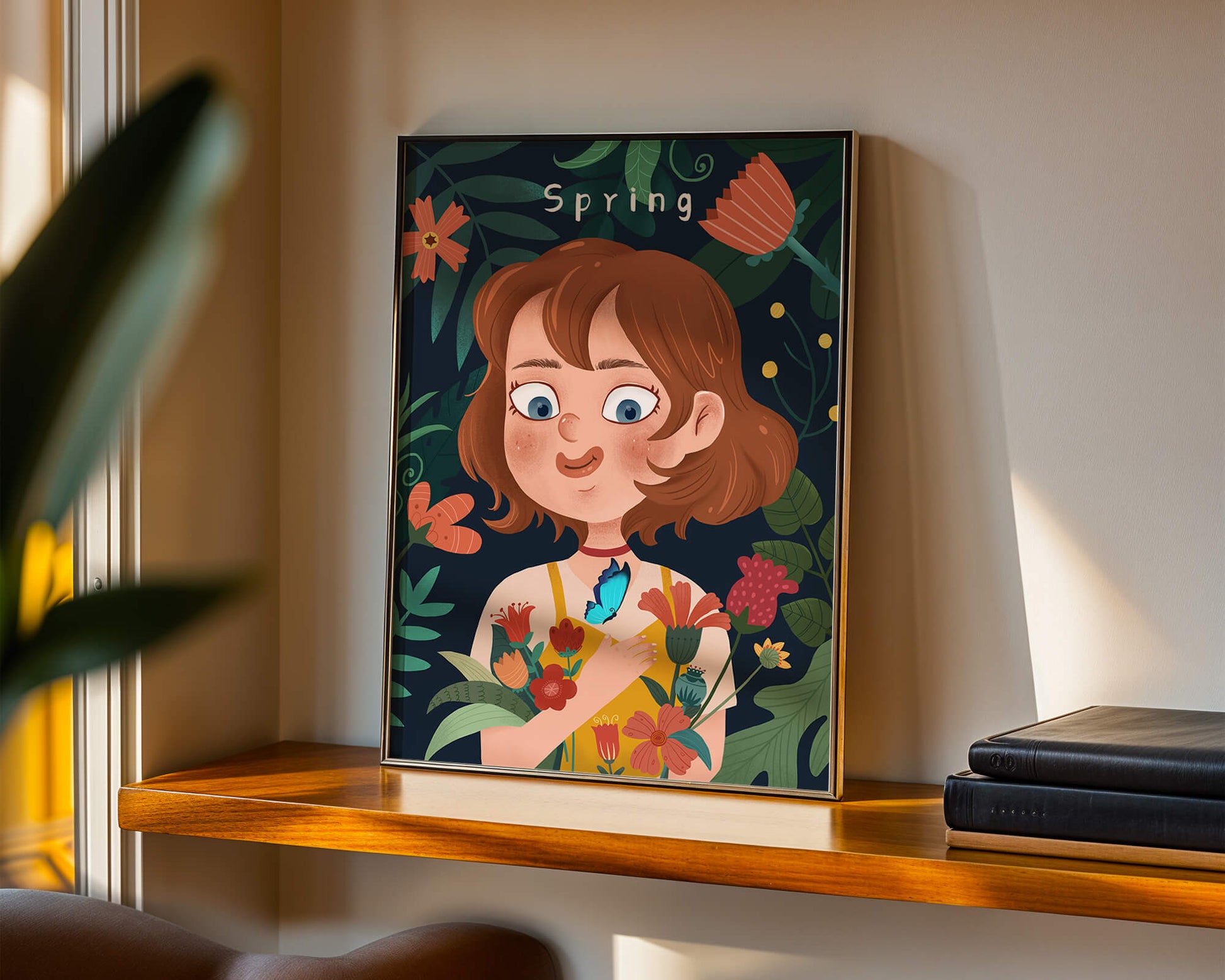 Ilustración primaveral encantadora con flores y mariposa