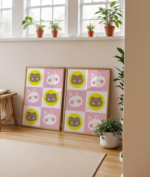 Diseño de patrones de animales juguetones con caras de osos y conejos en colores pastel