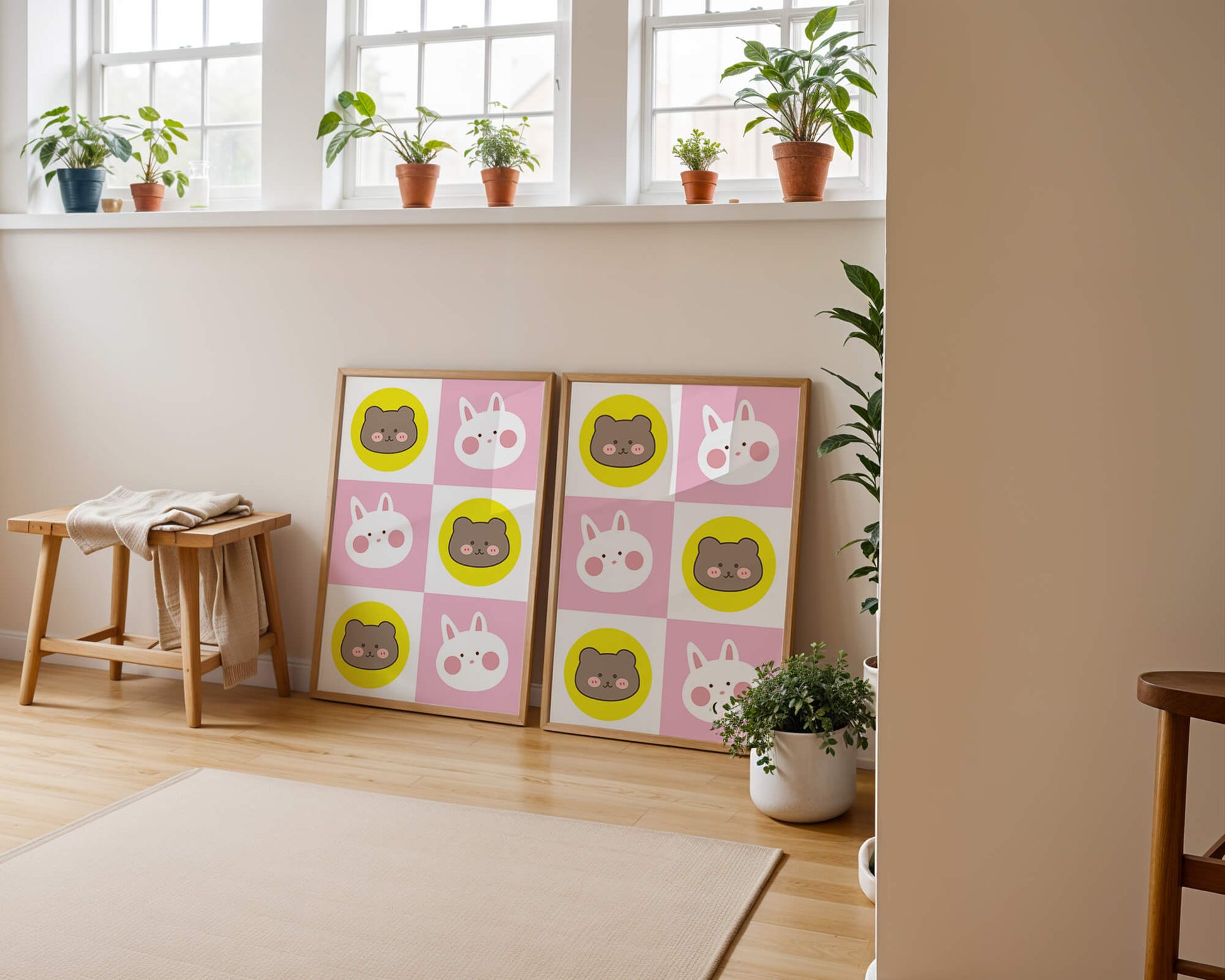 Diseño de patrones de animales juguetones con caras de osos y conejos en colores pastel