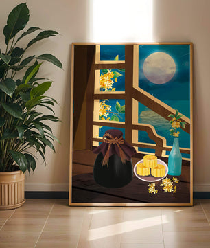 Noche iluminada por la luna con pasteles de luna y decoración floral sobre una mesa de madera