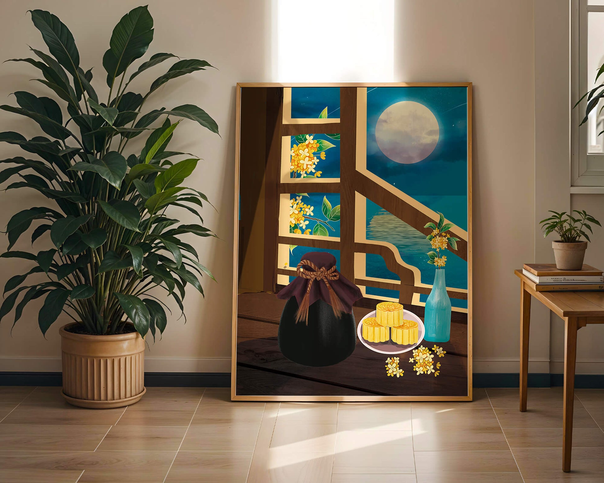 Noche iluminada por la luna con pasteles de luna y decoración floral sobre una mesa de madera