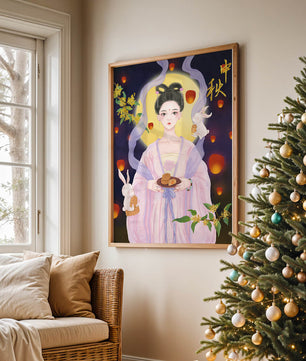 Mid-Autumn Festival Illustration with Moon Goddess and Rabbits