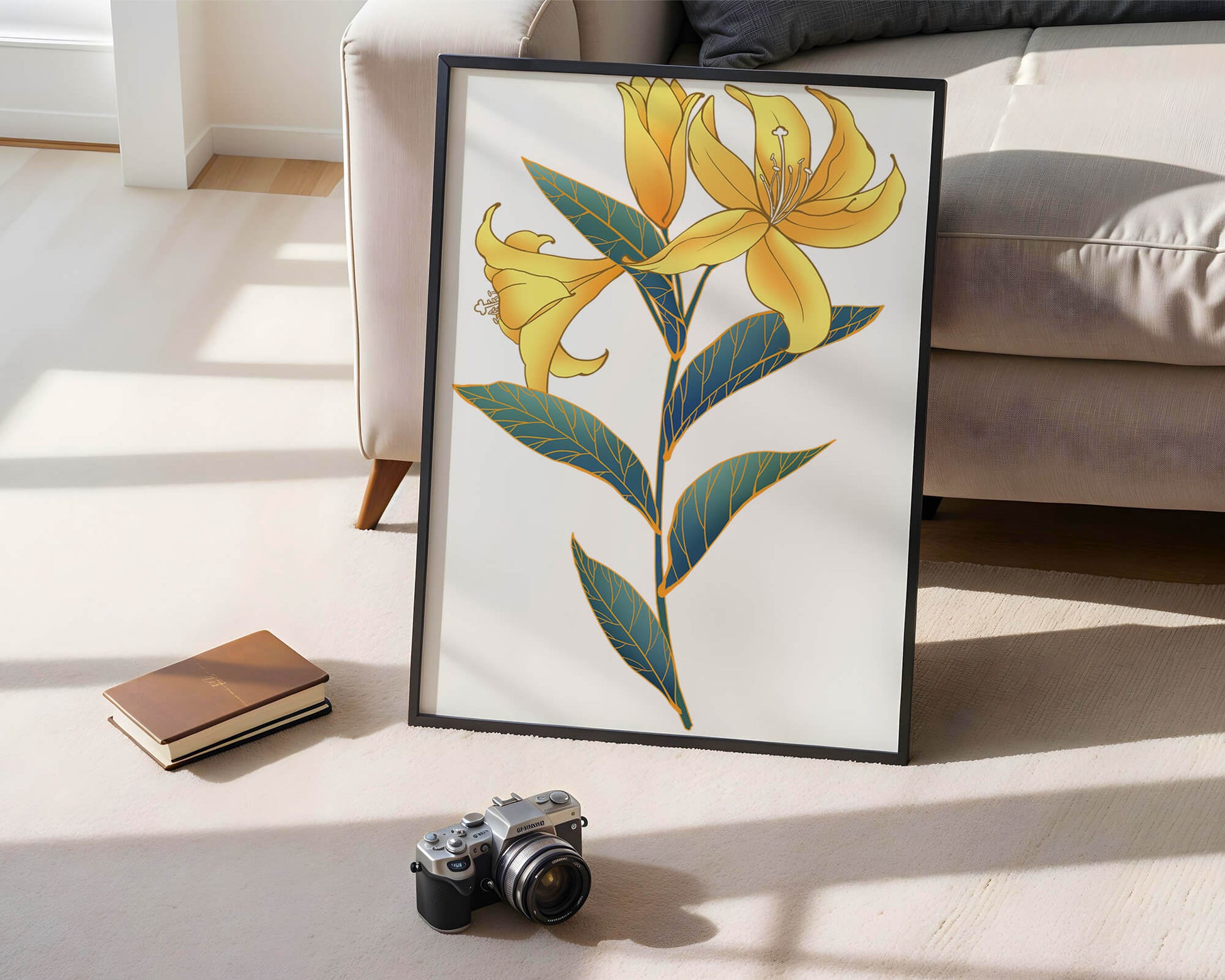 Elegant golden lily illustration with intricate leaf details