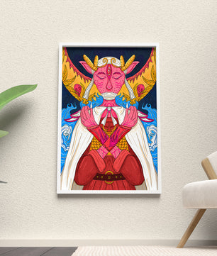 Surreal illustration of a mystical creature with golden horns and vibrant elements