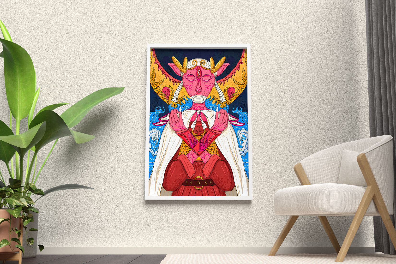 Surreal illustration of a mystical creature with golden horns and vibrant elements