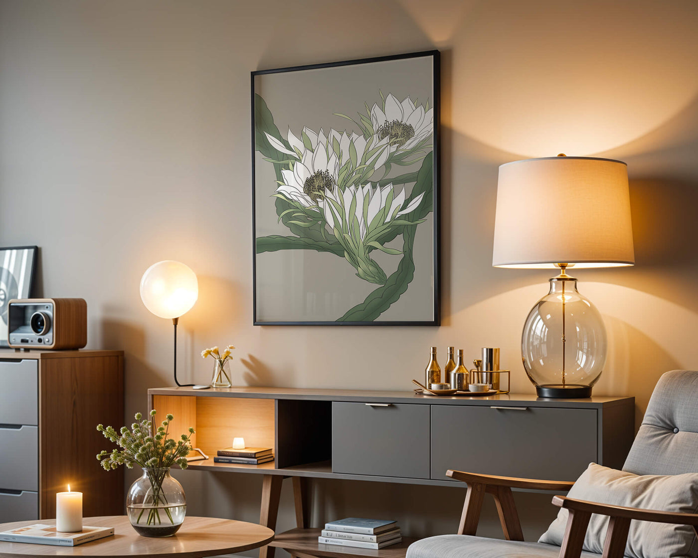 Beautiful botanical illustration of white blooming flowers with green leaves