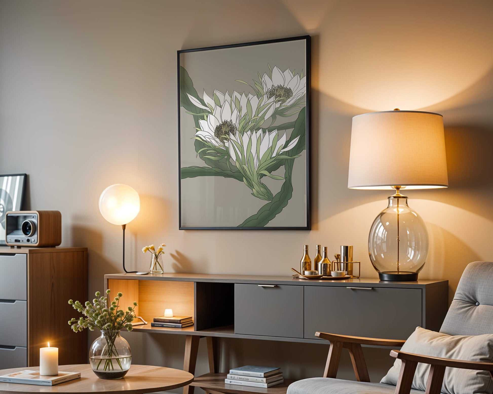 Beautiful botanical illustration of white blooming flowers with green leaves