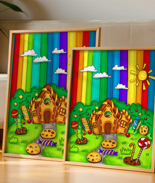 Whimsical candy house in a vibrant rainbow landscape