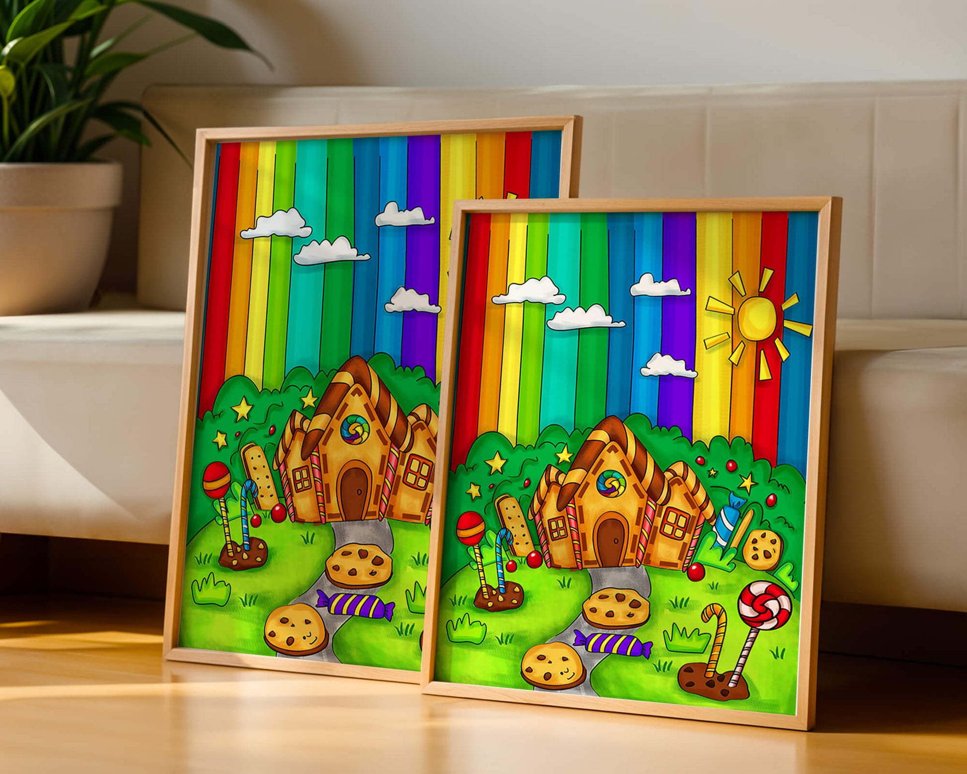 Whimsical candy house in a vibrant rainbow landscape