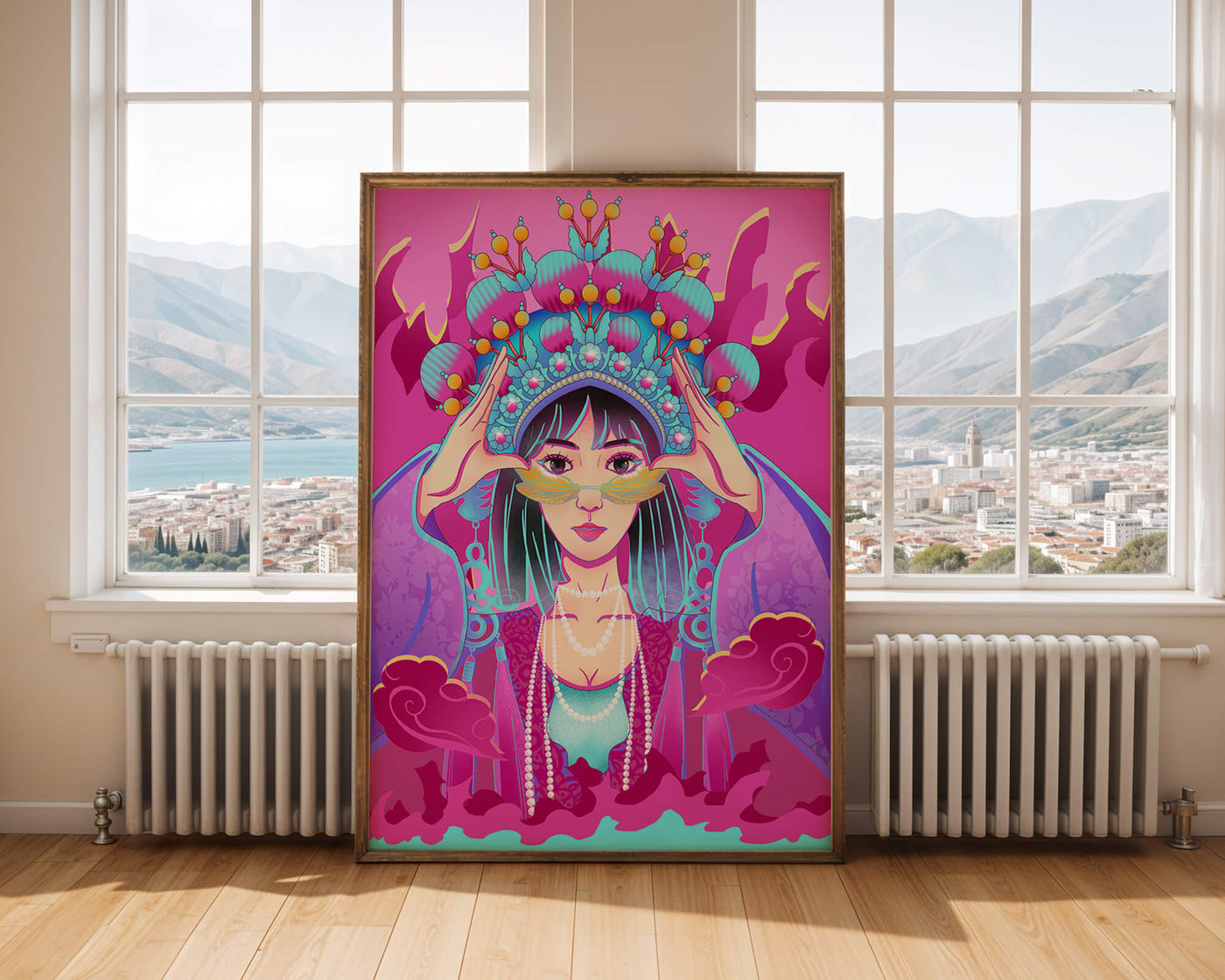Colorful illustration of a woman in traditional costume with ornate headpiece