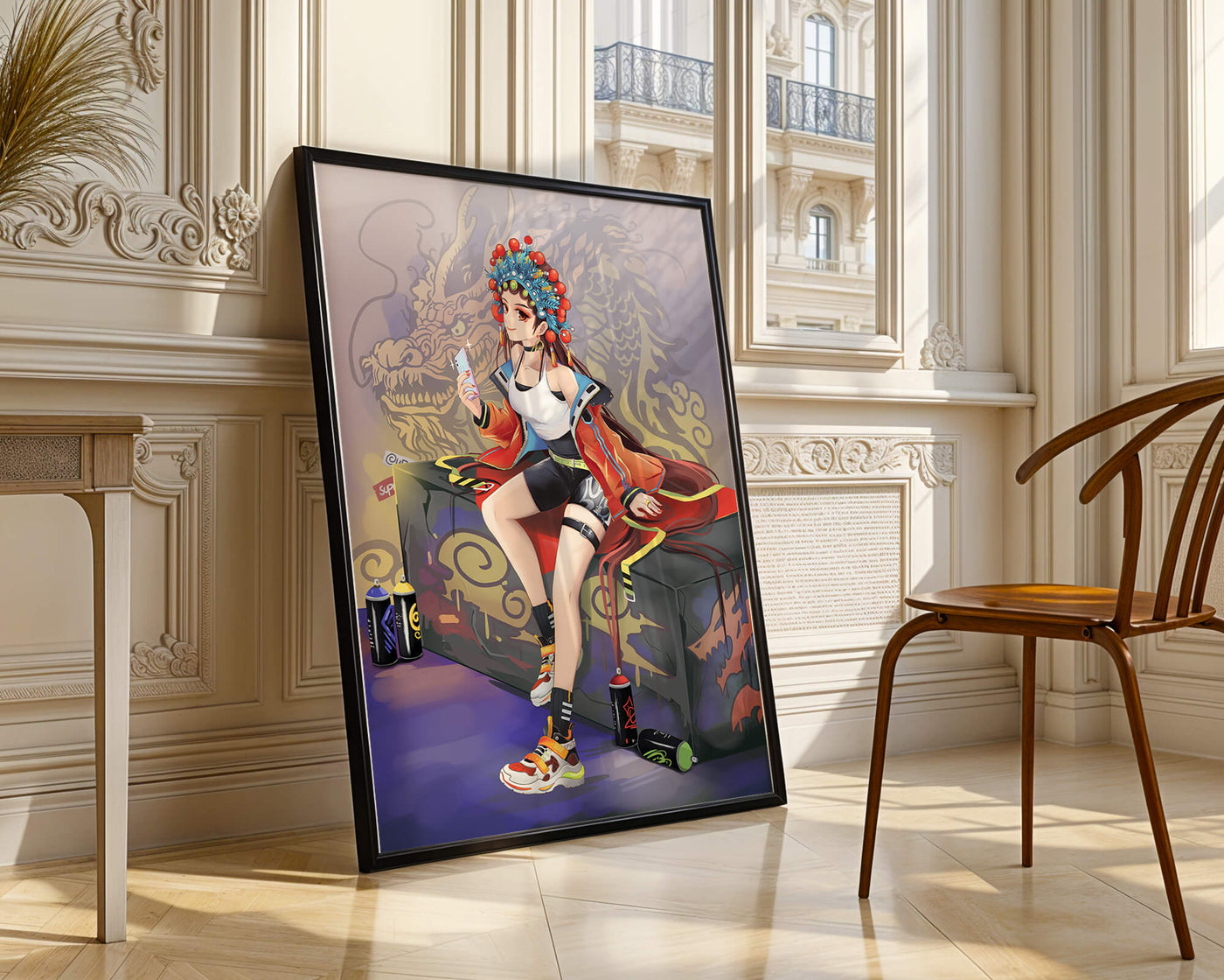 Anime art of a girl in traditional attire with urban elements
